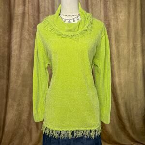 Vintage Turtle Neck Sweater 90s Fringe Fuzzy Green Knit Y2K Indie Maximalist